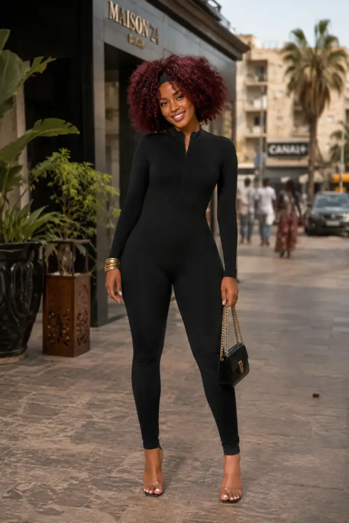 Combinaison sport chic noire zippée en ville