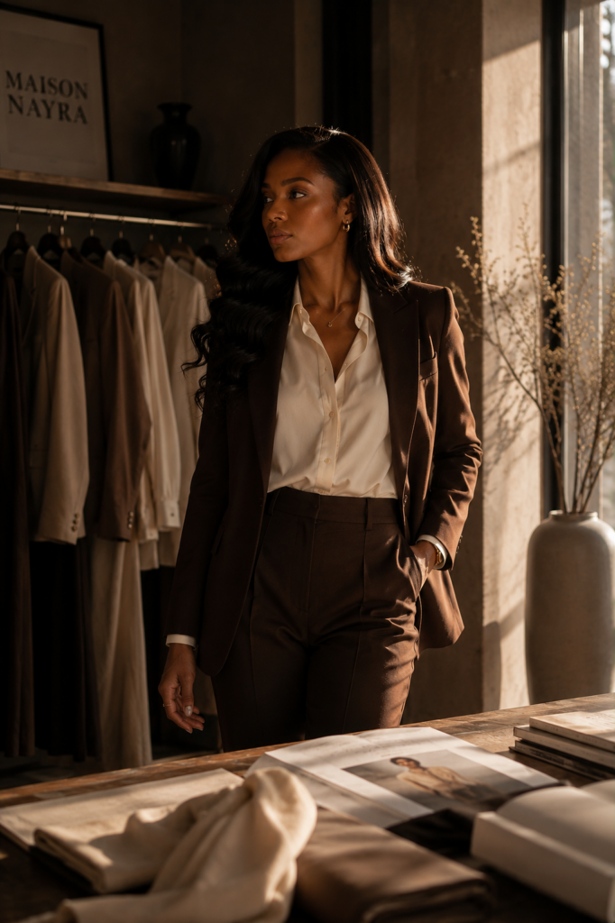 Femme en tailleur brun Maison Nayra, présence assurée