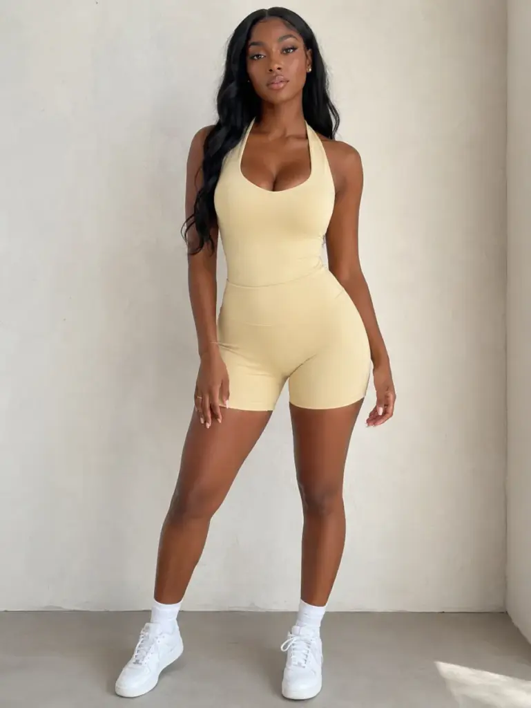 Portrait d'une femme élégante en tenue beige