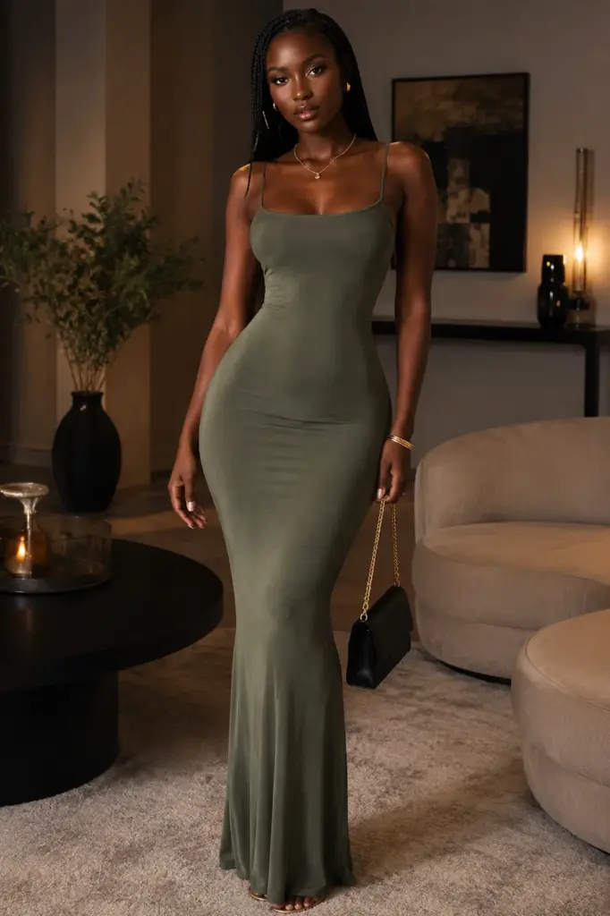 Femme élégante en robe olive dans un intérieur chaleureux — Maison Nayra