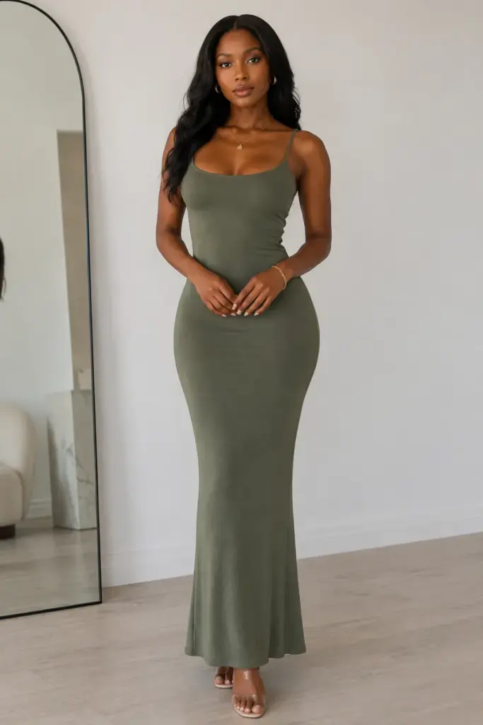 Femme en robe longue olive dans un intérieur lumineux