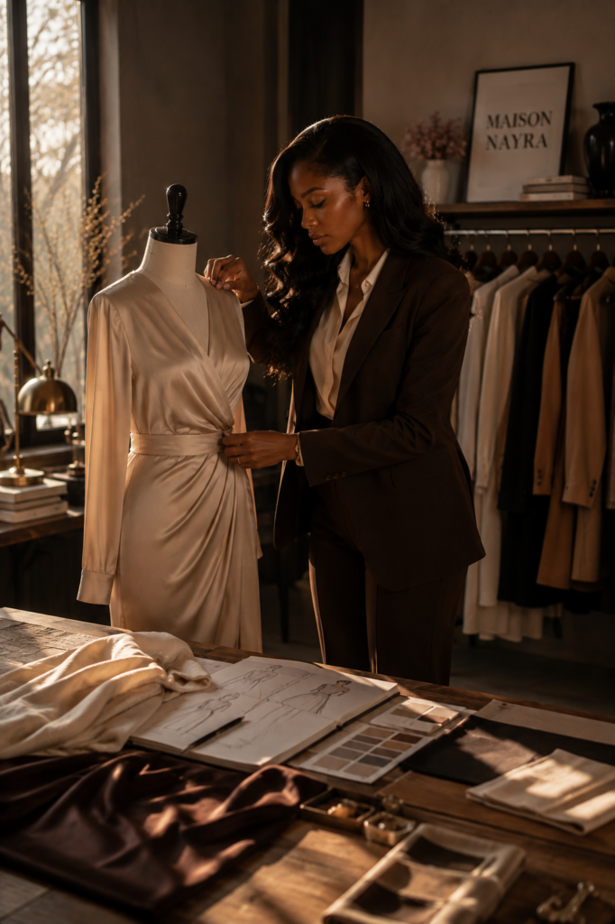 Créatrice Maison Nayra ajustant une robe sur mannequin en atelier