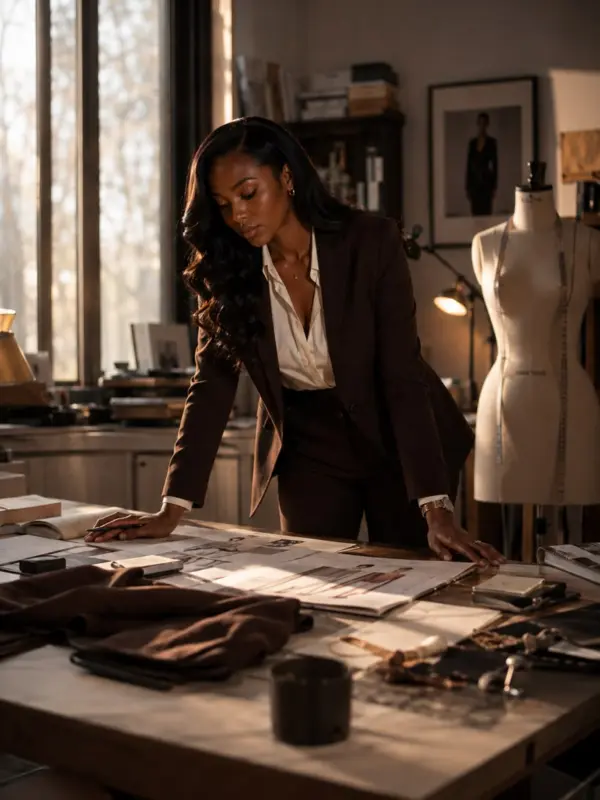Femme Nayra dans un atelier de confection, portant un tailleur brun
